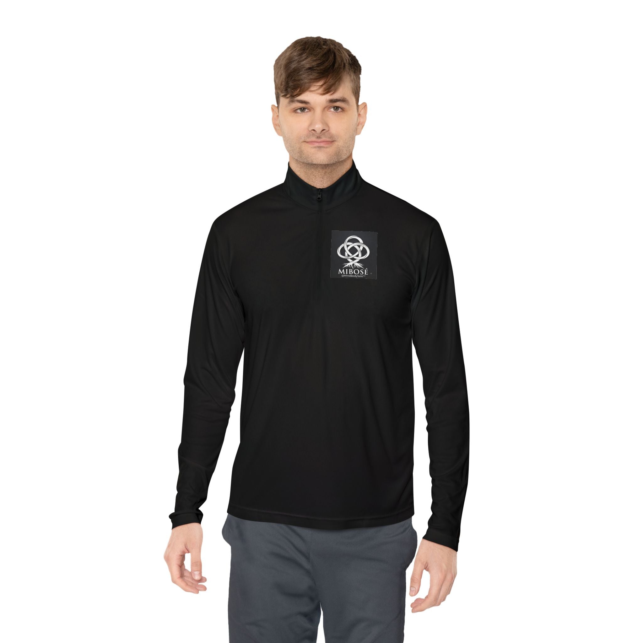 Quarter-Zip Pullover with Celtic Knot Logo – Minimalist Monochrome Athletic Top
